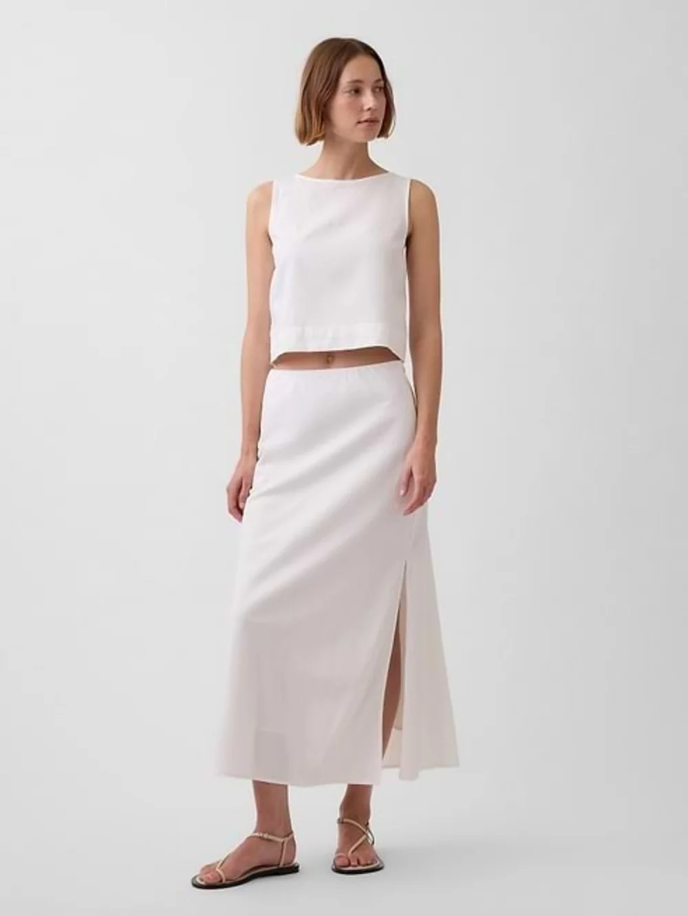 GAP White Side-Slit Midi Skirt-linen Blend..Size:M